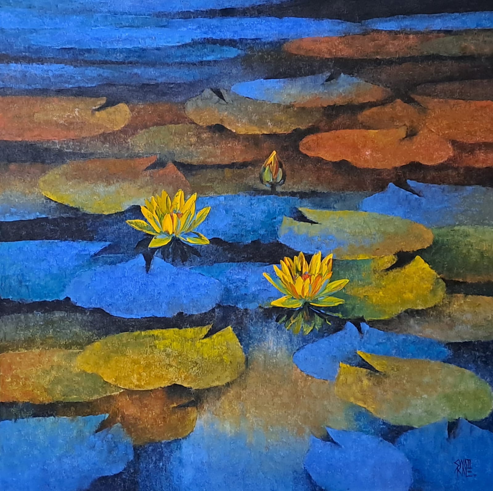 Blue waterlily pond with yellow flowers