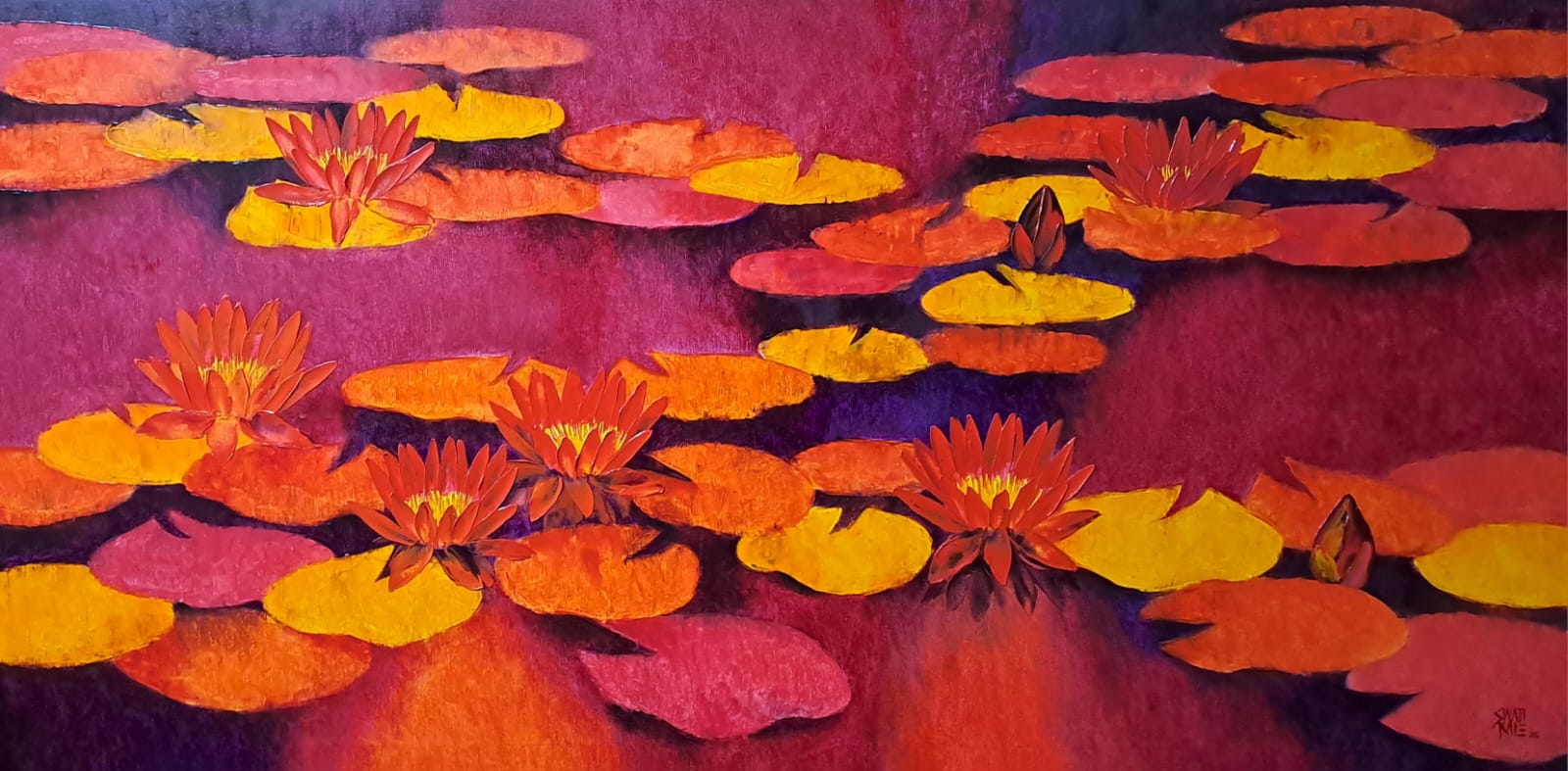 Artistic depiction of water lilies with a vibrant color palette on a flaming red and crimson background showing swatis mastery of colors.