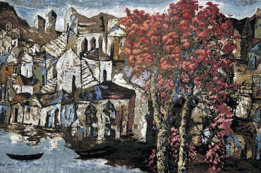 Fine Wool and Silk Tapestry with artistic depiction of a cityscape with trees and water, featuring a boat.