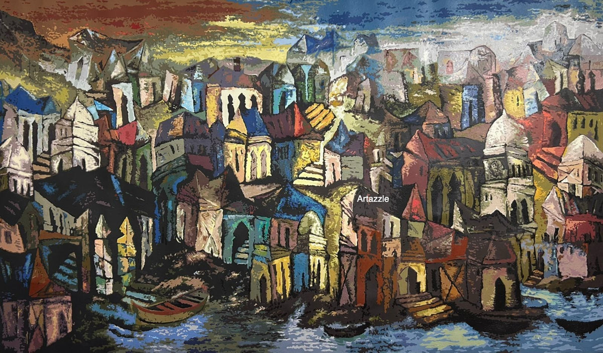 An impressive European-style cityscape painting by senior artist Fawad Tamkanat, with dusk to night setting upon a seaside town. 