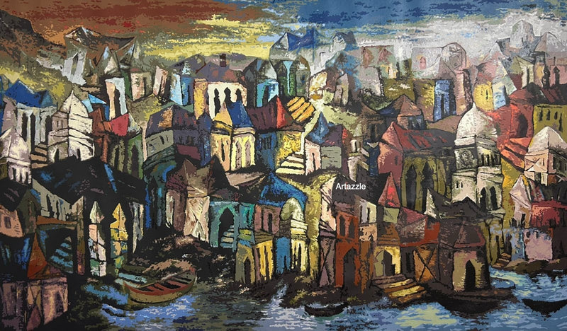 An impressive European-style cityscape painting by senior artist Fawad Tamkanat, with dusk to night setting upon a seaside town. 