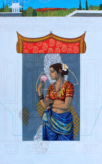 Traditional Indian female poses with a flower against a decorative background. A modern take on traditional wear attired Indian women.