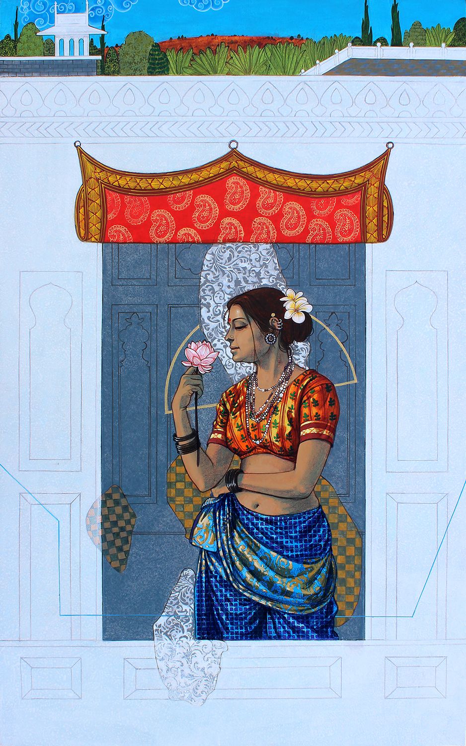 Traditional Indian female poses with a flower against a decorative background. A modern take on traditional wear attired Indian women.