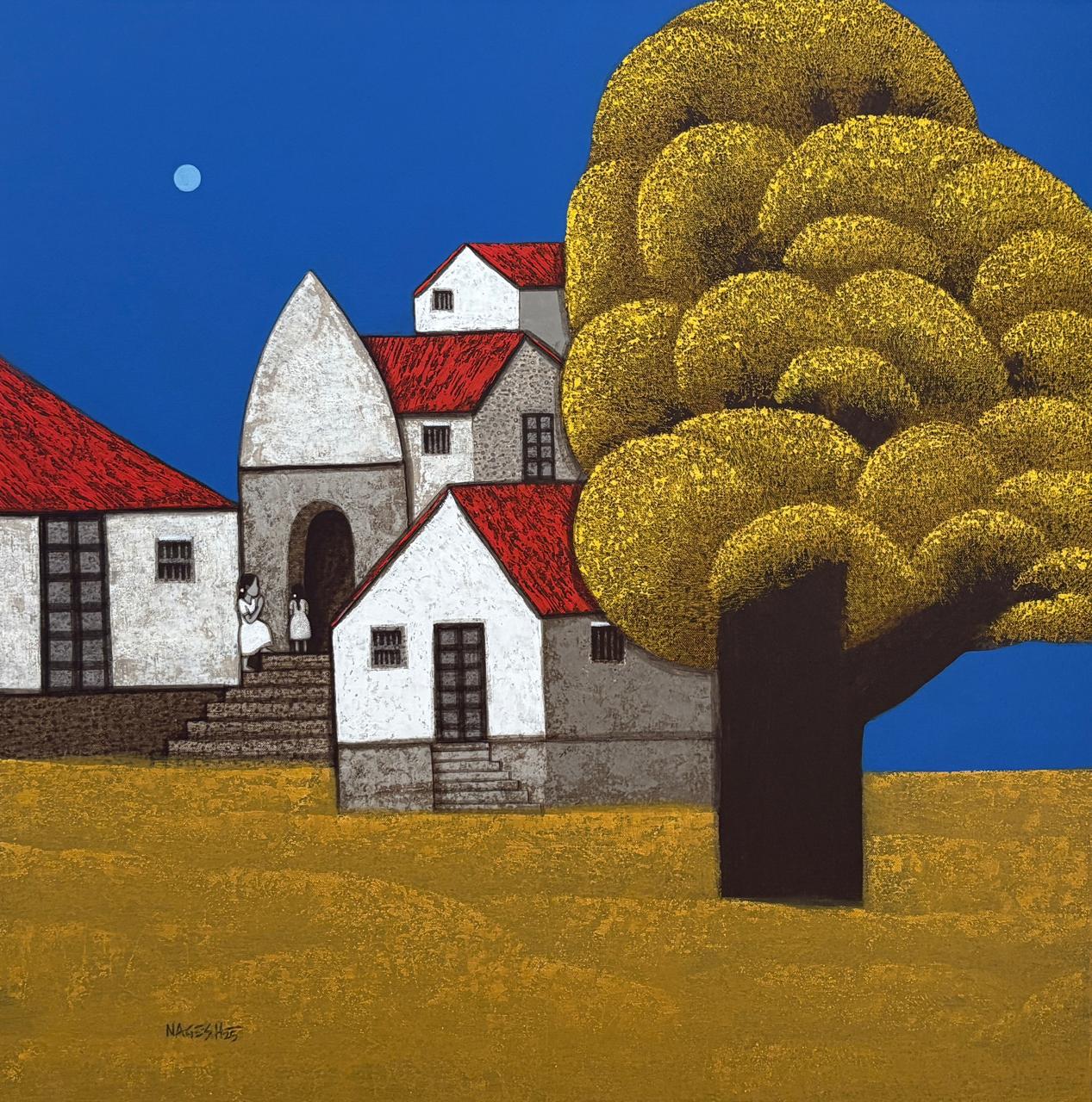 Memories of Indian village days are captured by Nagesh Ghodke. Featuring houses with trees as the moon lights up sky at back. 