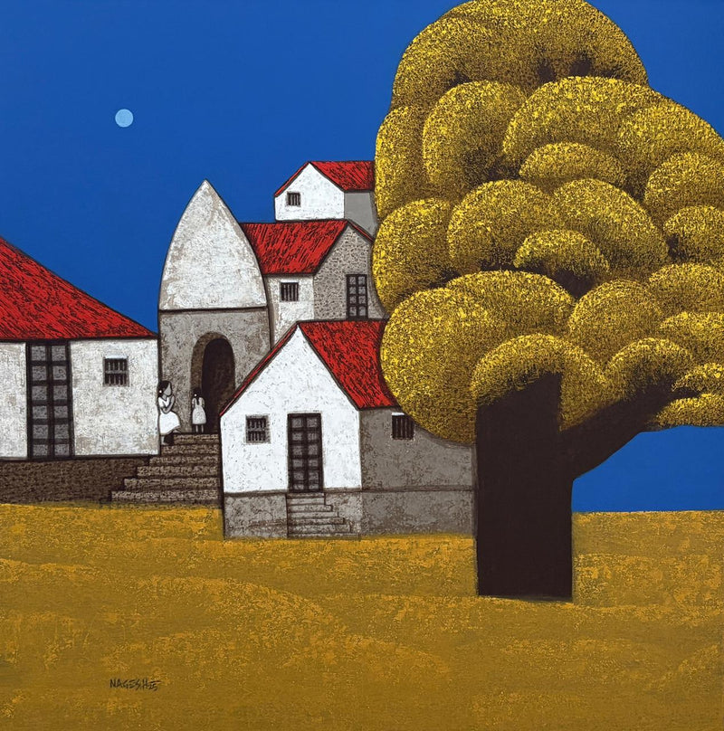 Memories of Indian village days are captured by Nagesh Ghodke. Featuring houses with trees as the moon lights up sky at back. 