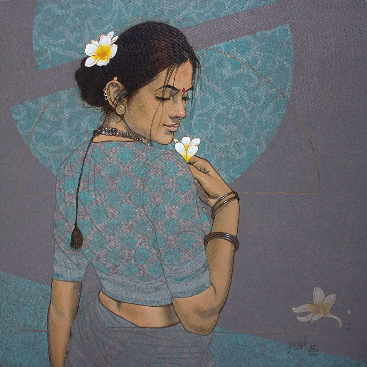 Artistic depiction of a woman holding a flower against a decorative background by Ramchandra Kharatmal. 
