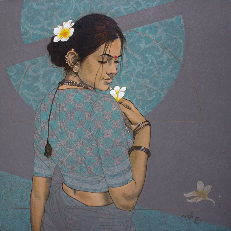 Artistic depiction of a woman holding a flower against a decorative background by Ramchandra Kharatmal. 
