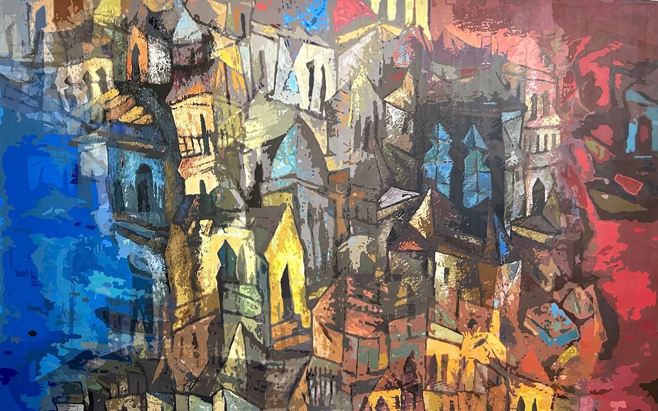 Abstract painting of a cityscape with colorful buildings - red and electric blue light bathes the city domes.