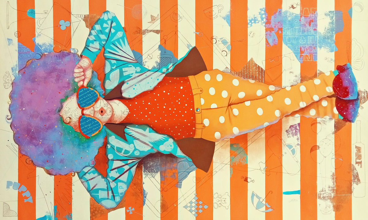 Shiv Soni Painting of a young buy whistling as he lies on his back. Abstract patterns and stripes in background.
