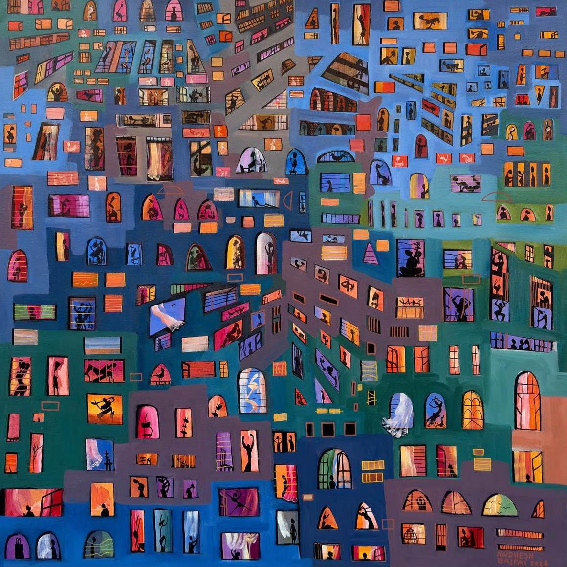 An acrylic canvas painting titled 'WINDOW-1' depicts a dense cityscape with countless colorful windows. Art by Awdhesh Bajpai painting.