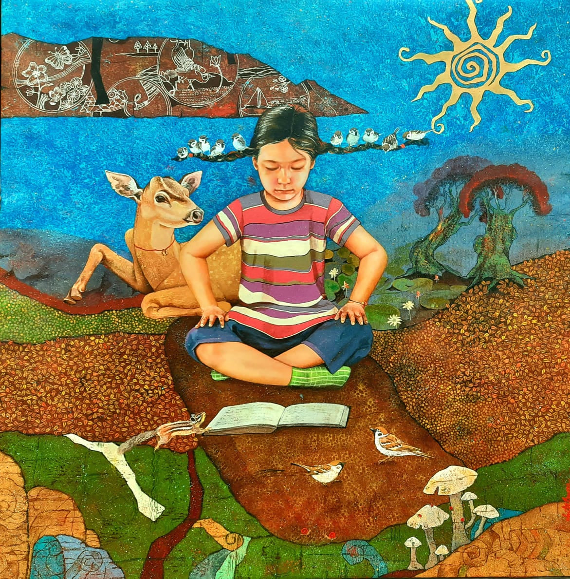 Kriti Saxena conceptual painting of a young girl studying with birds perched on her pigtails.