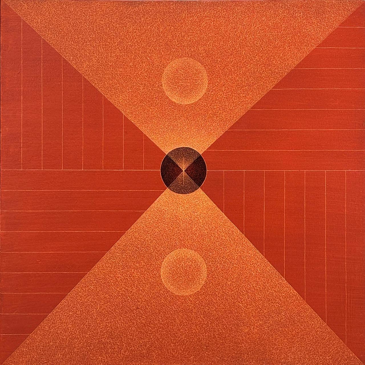 Yantra by Hanumtha Rao Devulapalli abtsract painting in solid red and orange tones. His works are designed to transport viewers into a meditative state, offering them a moment of tranquility and introspection. This intention is evident in the careful choice of colors, textures, and the overall composition of his artworks, all crafted to evoke a sense of peace and serenity.