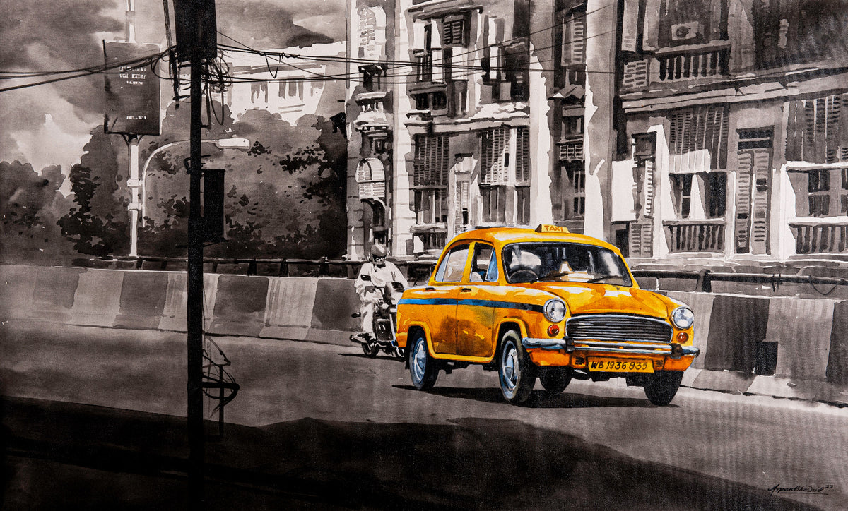 Iconic yellow taxi on urban flyover painting in monochrome by Arpan Bhowmik
