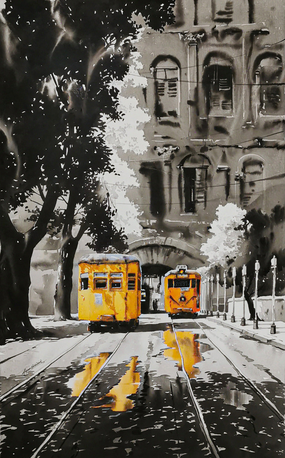 Large 5ft Kolkata heritage yellow trams monsoon painting in monochrome by Arpan Bhowmik