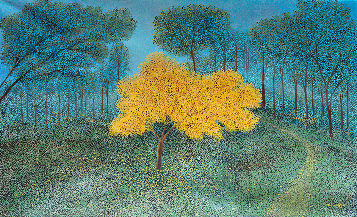 Nature landscape painting with Yellow in centre on blue and green forest. Art by Shuvankar Maitra