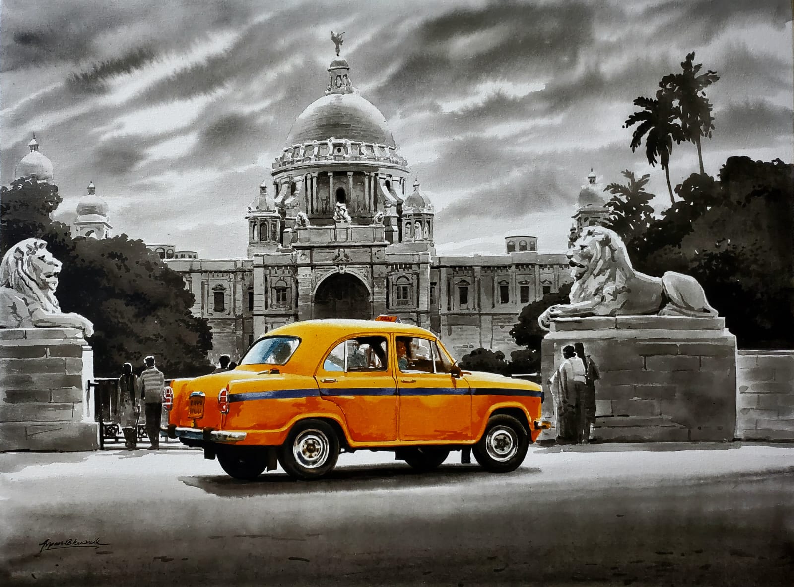 Arpan Bhomwik paints iconic yellow tax against the monochromatic landscape even as grey clouds hover in the sky.