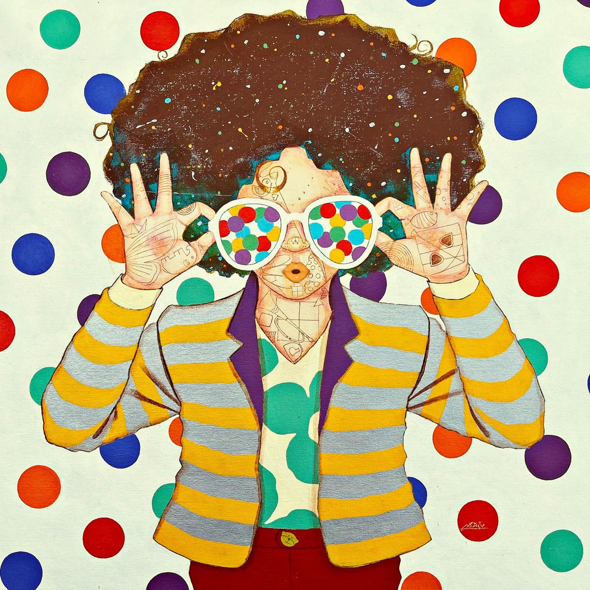 Figurative painting featuring young boy wearing colorful sunglasses and a striped sweater against a polka dot background.