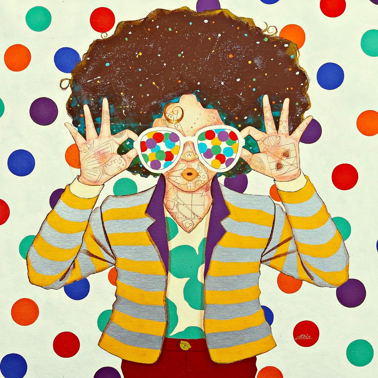 Figurative painting featuring young boy wearing colorful sunglasses and a striped sweater against a polka dot background.