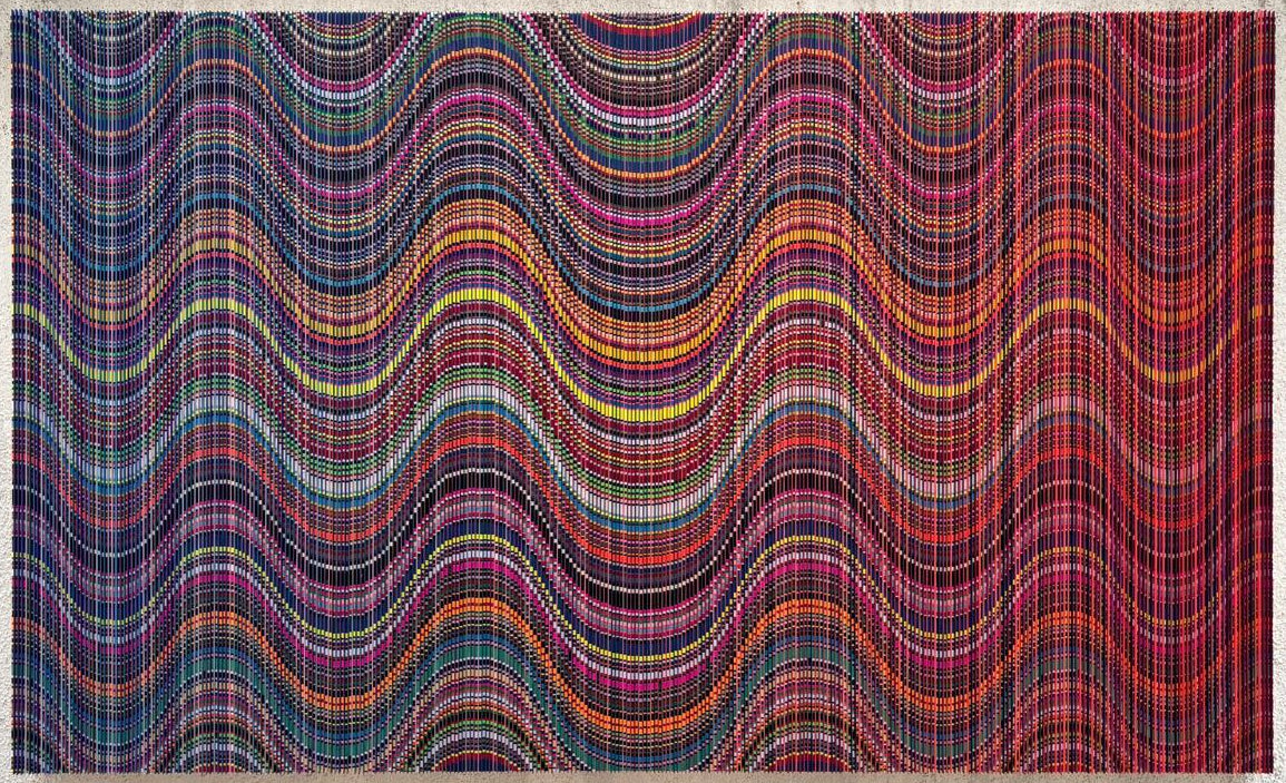 Yuvan Bothysathuvar optical paper collage featuring colour-shifting wave patterns and mixed media layering.