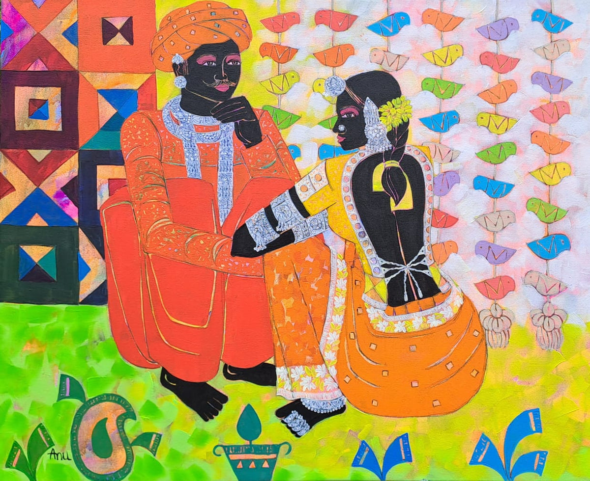 Anuradha Thakur Indian figurative painting featuring a tribal couple from Western Indian in native colourful attire.