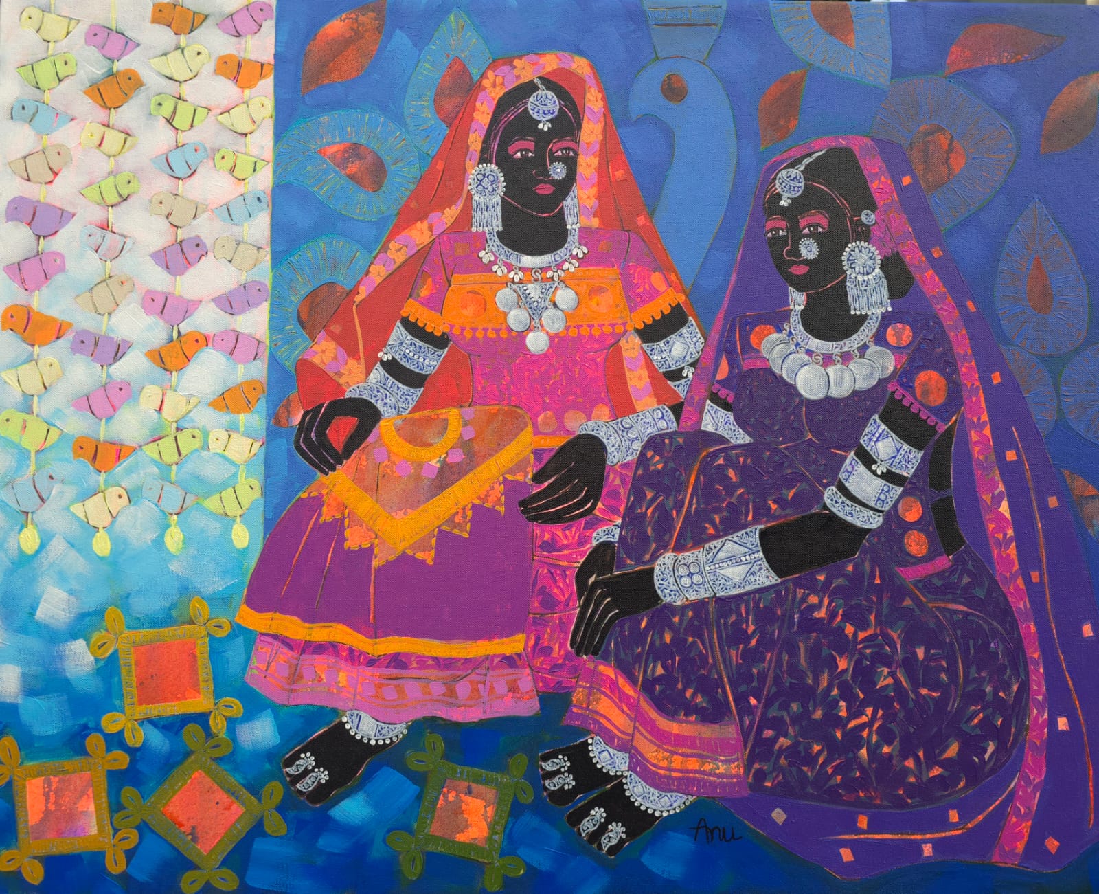 Anuradha Thakur Indian figurative painting titled Handcrafting Treasures depicting tribal women with local crafts.