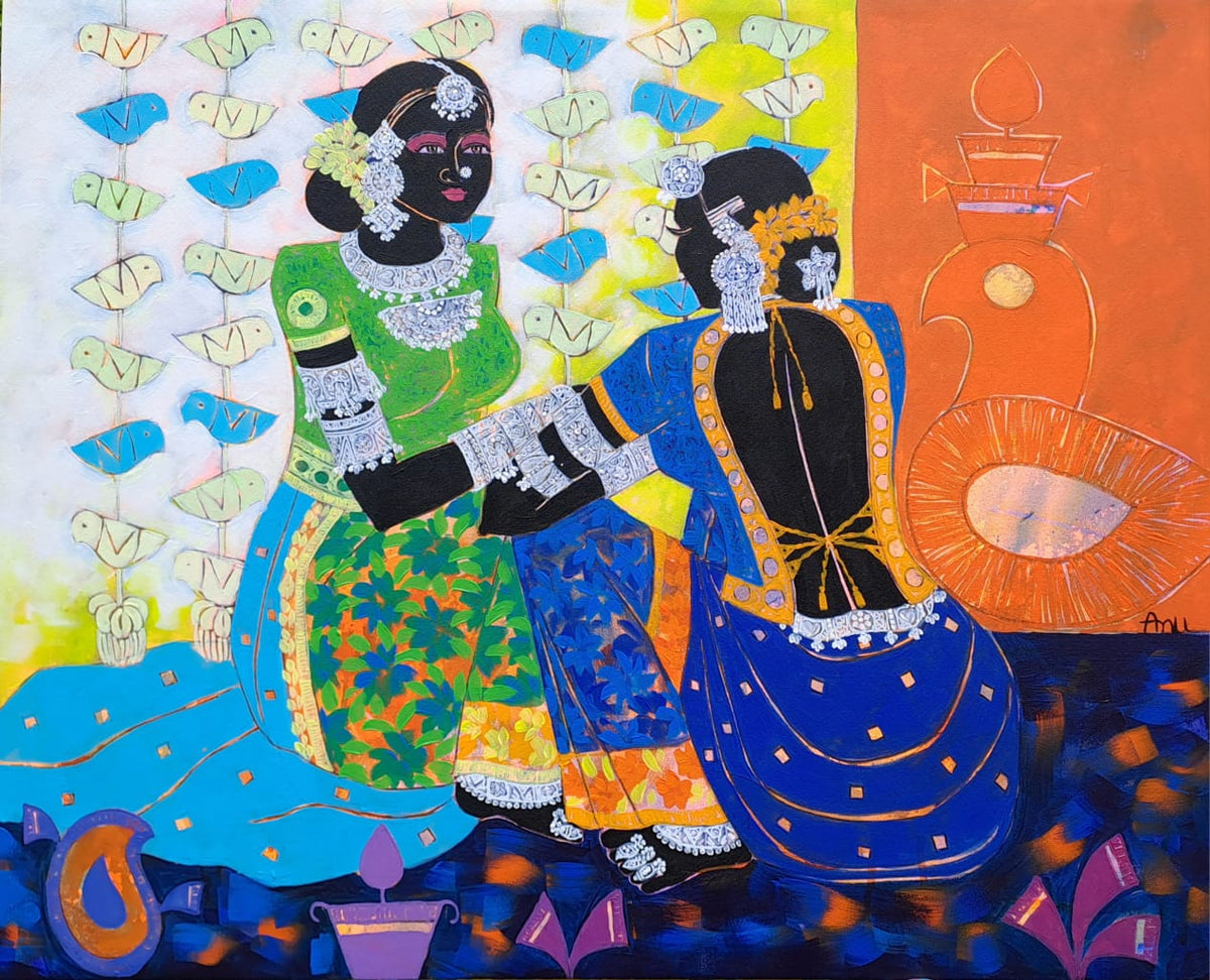 Anuradha Thakur Indian figurative painting titled Intimate Dialogue depicting two tribal women in conversation.