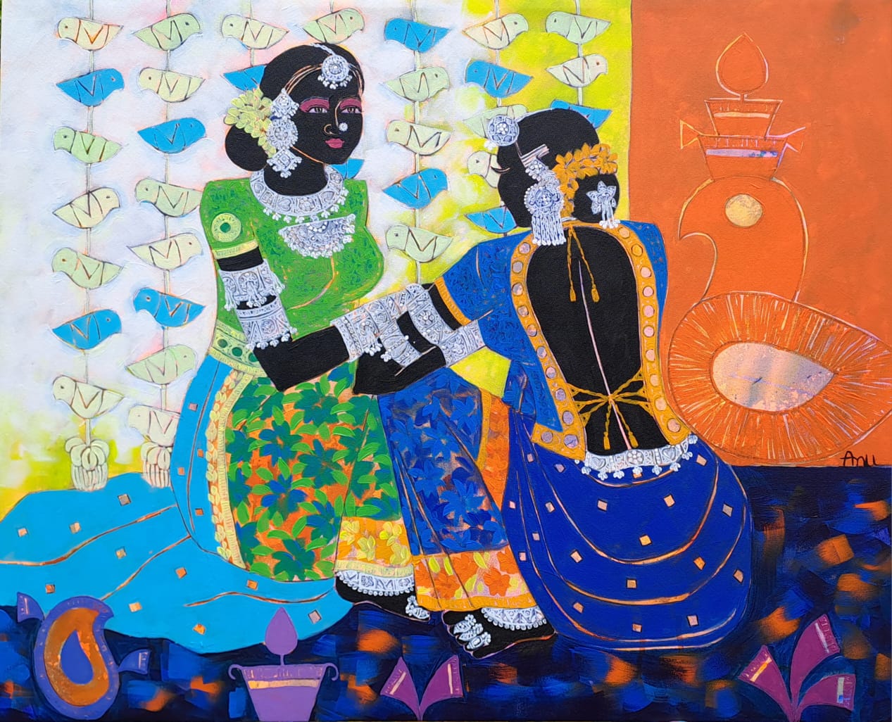 Anuradha Thakur Indian figurative painting titled Intimate Dialogue depicting two tribal women in conversation.