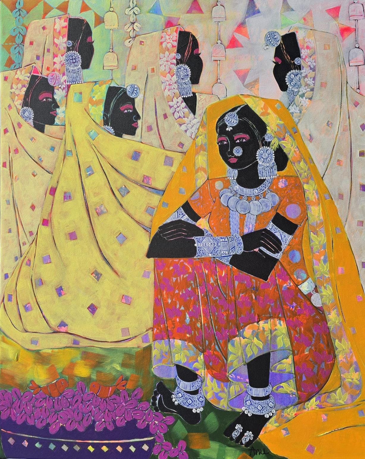 Anuradha Thakur Indian figurative painting titled Treasures of the Dunes depicting a tribal artisan selling shell crafts.
