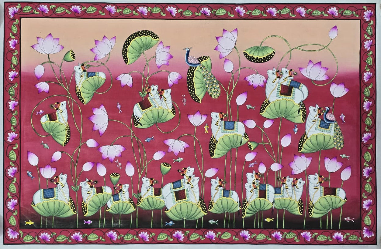 Contemporary red-palette Pichwai painting of a lotus pond with small Nandis looking up at a central peacock.