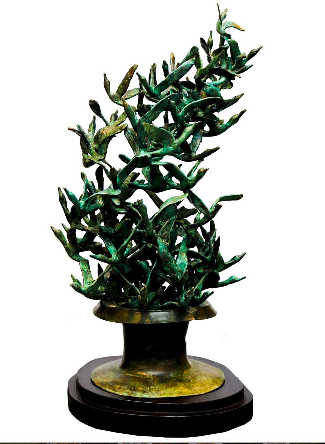 Contemporary bronze birds sculpture with a cluster of birds flying upwards.