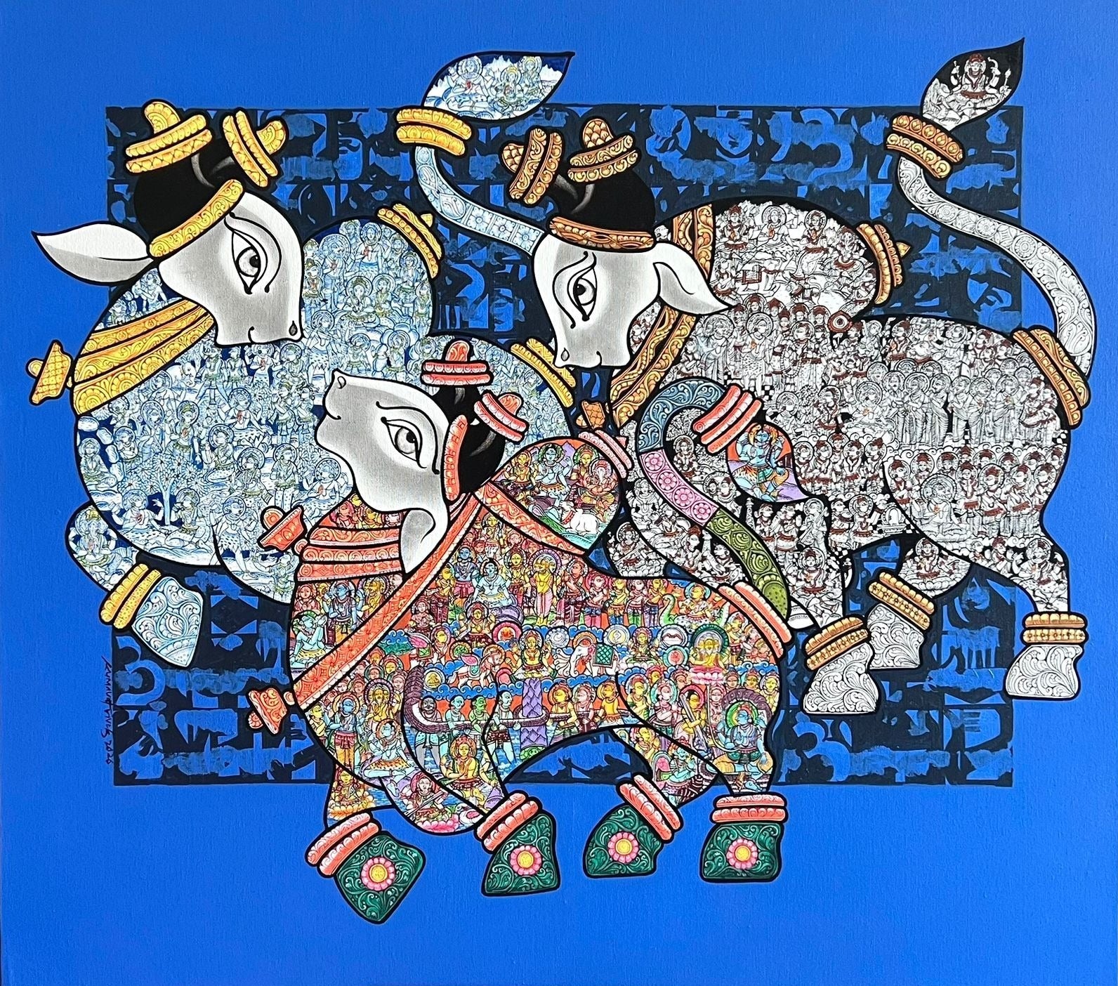 Vivek Kumavat fine art canvas painting of three dancing Nandis with intricate details.