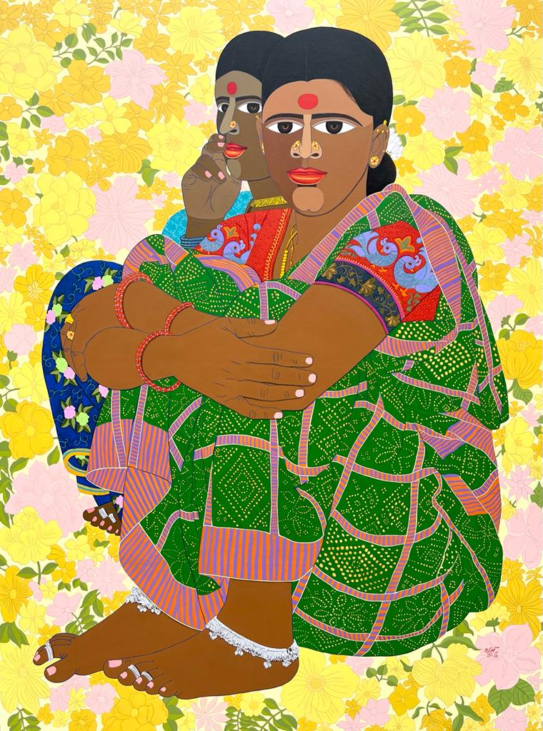 Dr Laxman Aelays artwork  from the acclaimed  Poolamma  series feauting rural Telangana women against a floral backdrop. 
