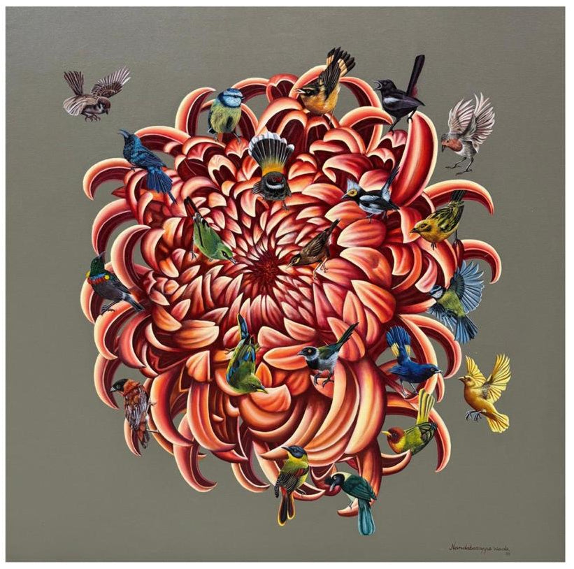 Nature painting depicts orange chrysanthemum blooms and songbirds on earthy grey canvas. Art by Nandabasappa Wade