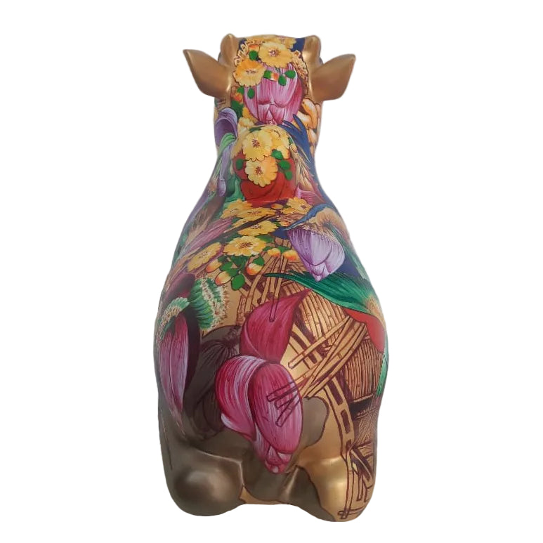 Rear back view: Hand-painted gold Nandi sculpture by Sachindra Nath Jha, featuring Madhubani floral ornamentation along spine | Artazzle