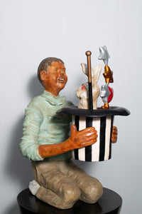 Tapasya Gupta fiberglass magician sculpture; a rabbit pops out of magic hat.