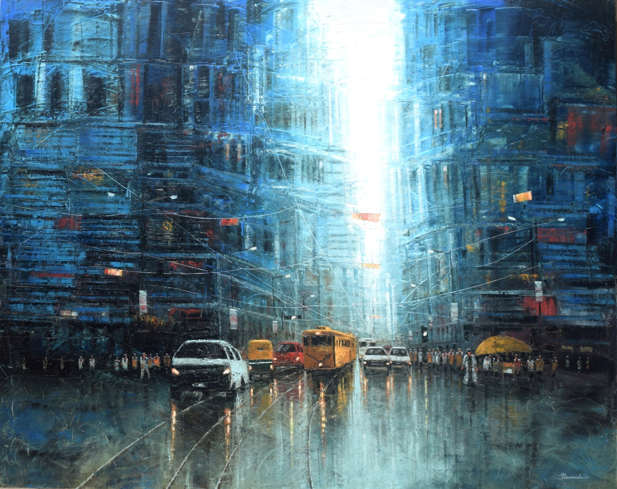 Grand 5-foot wide blue monsoon cityscape painting by Purnendu Mandal featuring an iconic historic tram on a wet road with beautiful heavy textures.