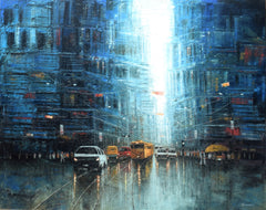 Kolkata in Blue Rain (Indian Cityscape Art)