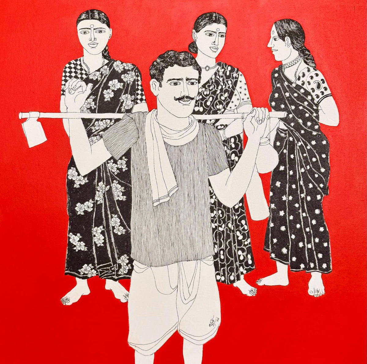 Figurative fine art painting; Illustration of a rural Indian man with three women on a red background.