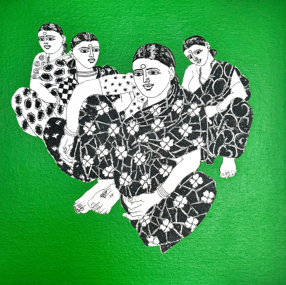 Laxman Aelay monochrome figurative painting titled Song of the Village XIII featuring an electric green background.