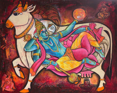 Lord Vishnu and Kamadhenu (Indian Spiritual Painting)