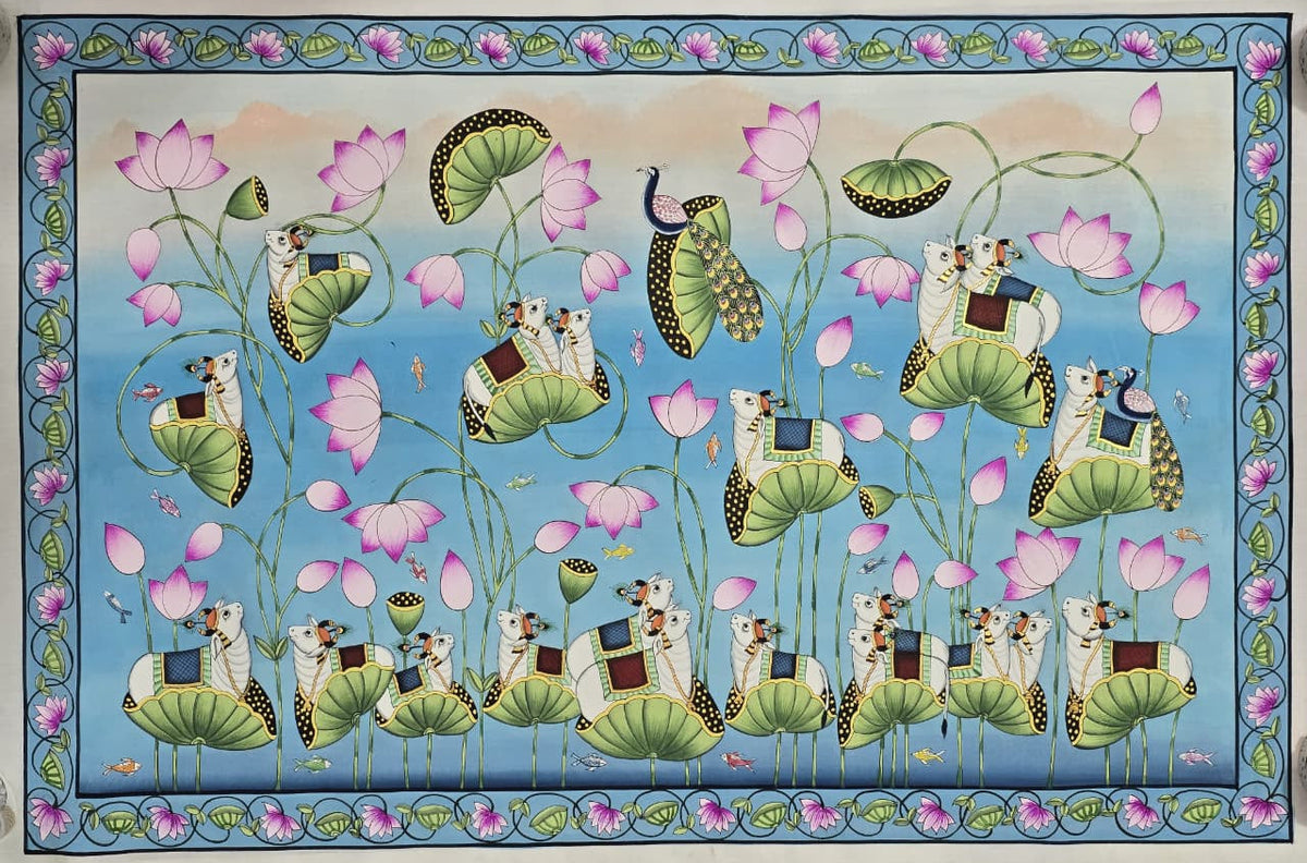 Contemporary blue-toned Pichwai painting of a lotus pond with small Nandis looking up at a peacock.