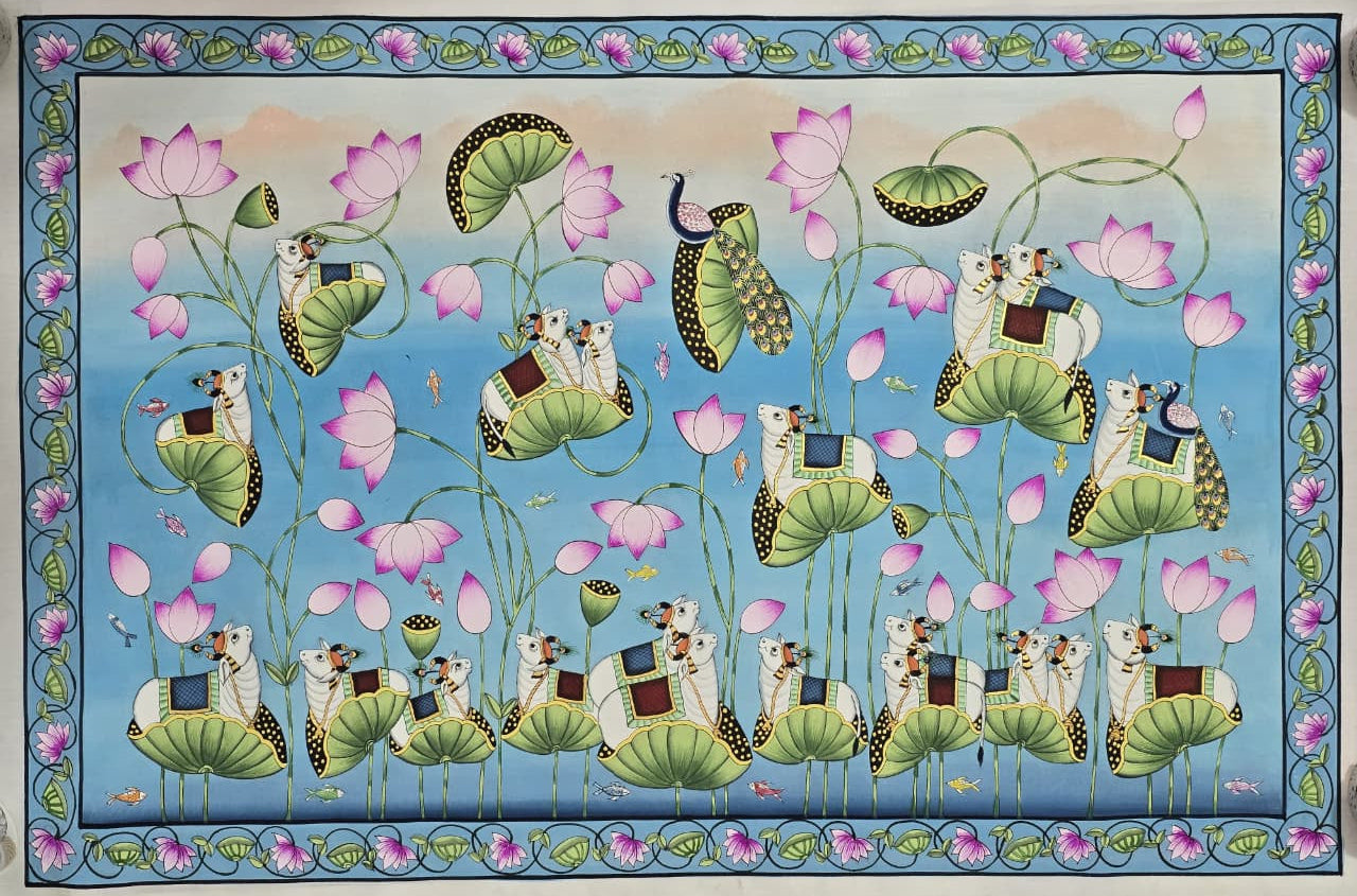 Contemporary blue-toned Pichwai painting of a lotus pond with small Nandis looking up at a peacock.