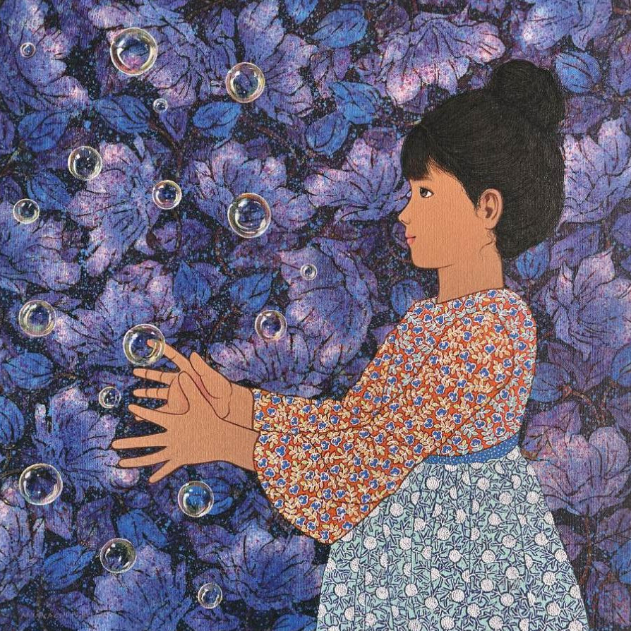 Monica Ghule original painting  features girl in floral frock with purple backdrop for luxury kid bedroom at Artazzle