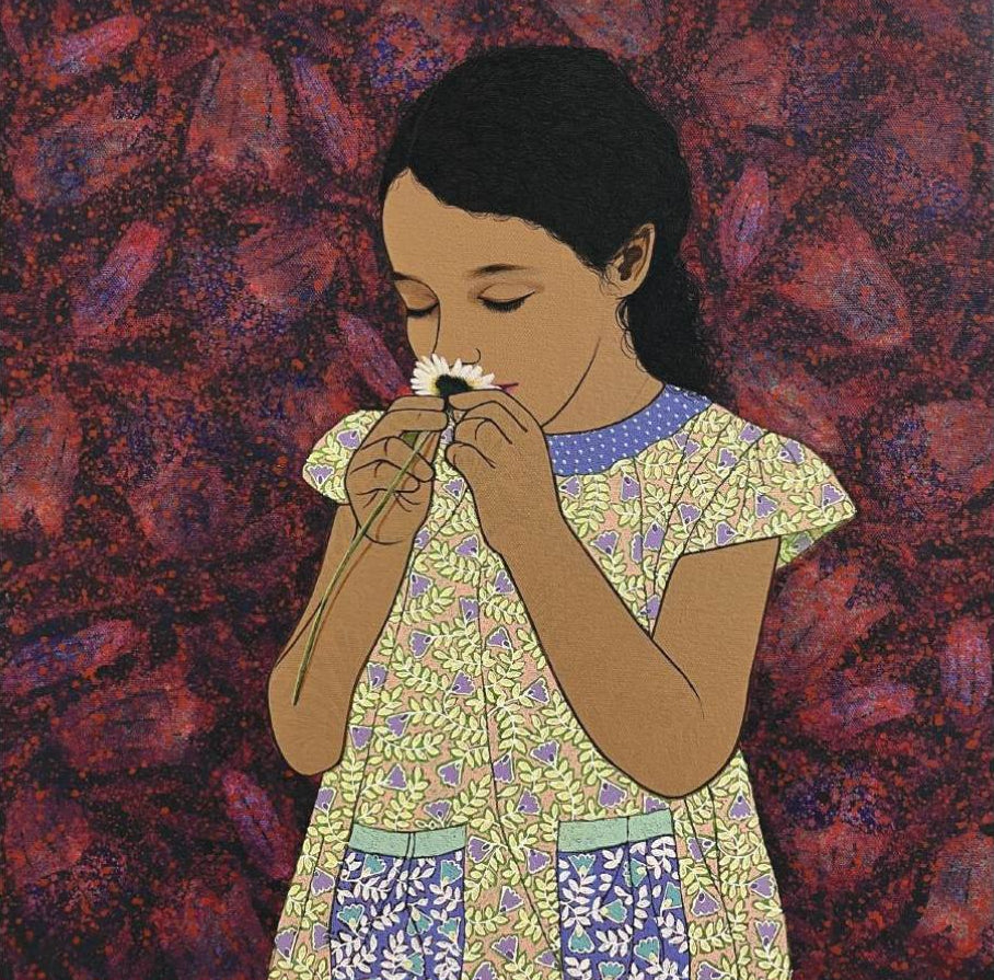 Monica Ghule Fragrance original painting of girl smelling flower with crimson red backdrop for luxury home decor at Artazzle. 