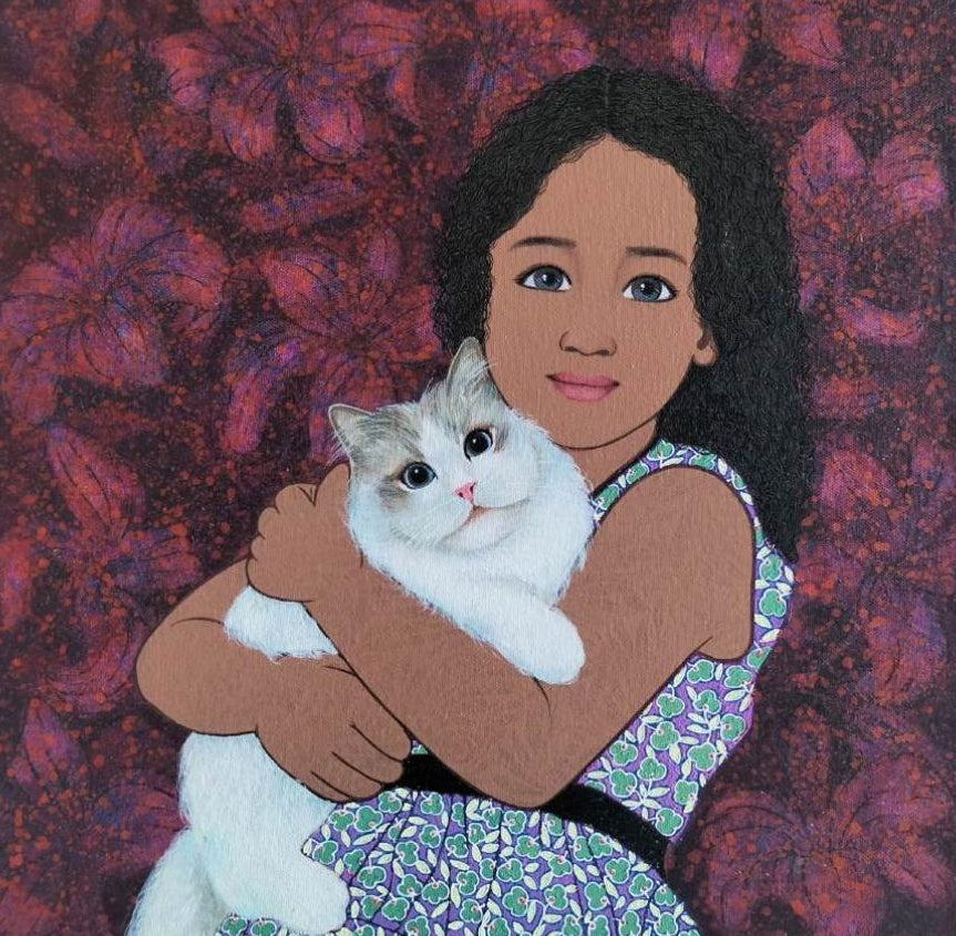 Monica Ghule Happiness original painting of a girl holding a white cat for luxury cheerful children room decor at Artazzle