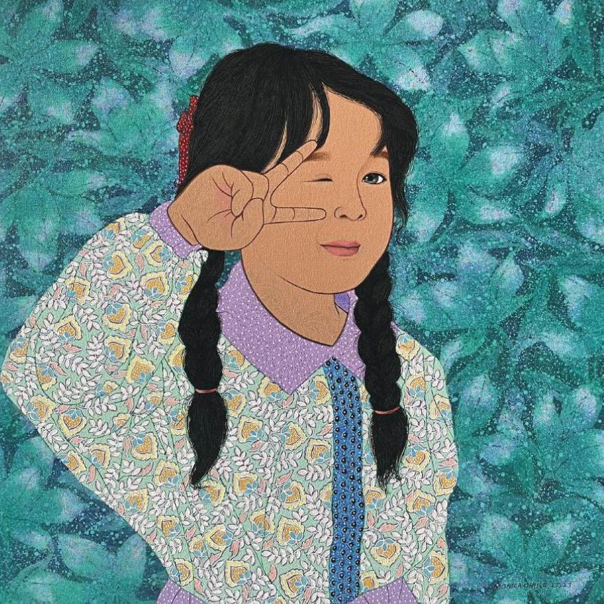 Monica Ghule original girl winking figurative canvas painting for luxury kids room wall art at Artazzle. 