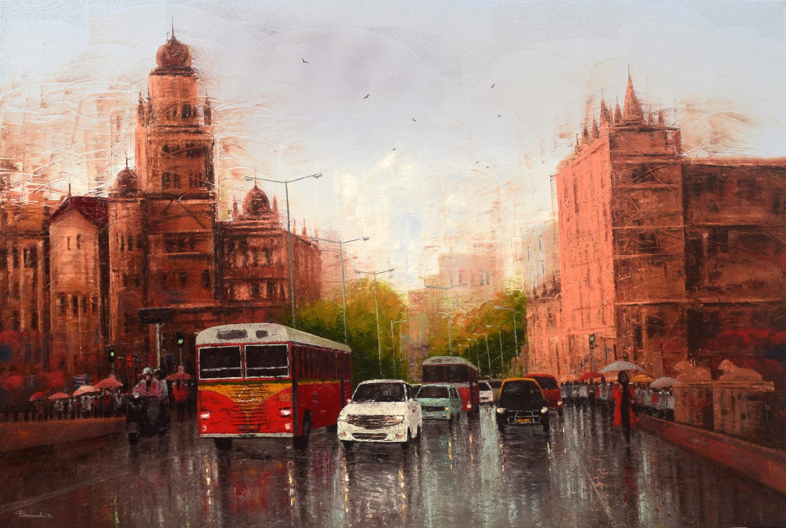 Mumbai City street scene art with buses and cars on a rainy day, featuring classical architecture.