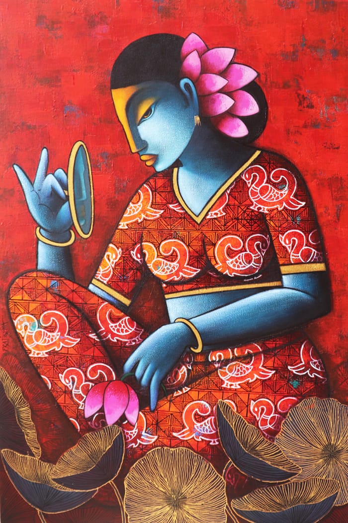 Pratiksha Bothe contemporary figurative painting titled Celestial Beauty Sursundari with an elegant woman looking in a mirror.