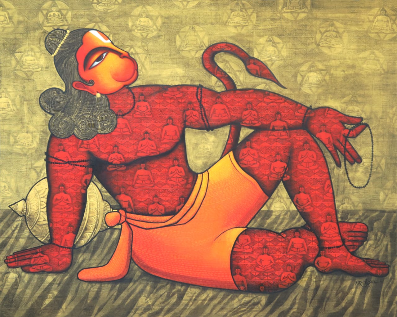 Pratiksha Bothe spiritual figurative painting titled Kapeeshwar depicting a seated Lord Hanuman praying with prayer necklace.
