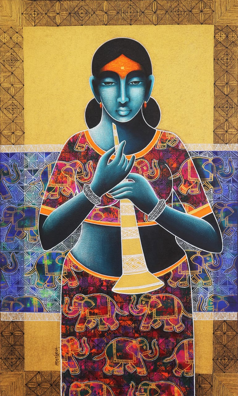 Pratiksha Bothe contemporary Indian woman painting with a lady holding an instrument.